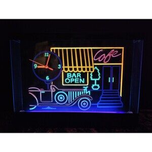 Vintage Retro Gemini BAR OPEN Clock Black Light Neon Display 1980s Works Great